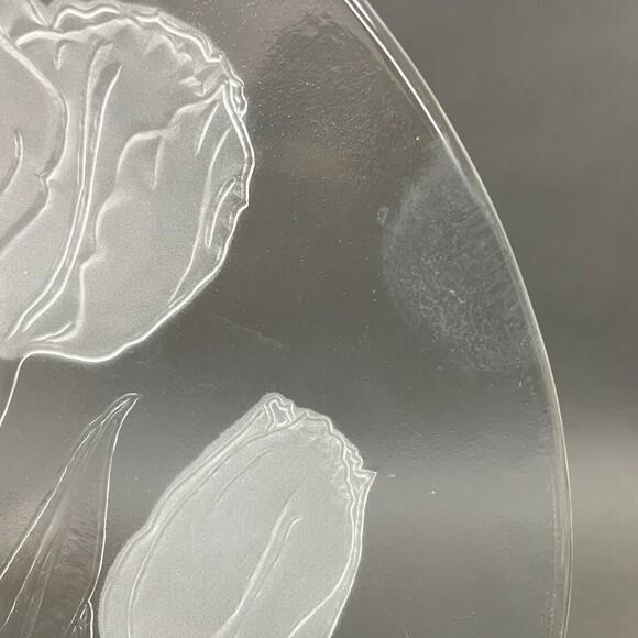 Clear Frost Glass Cake Plate Serving Tray Tulips Floral 12 3/4" across - Picture 2 of 5